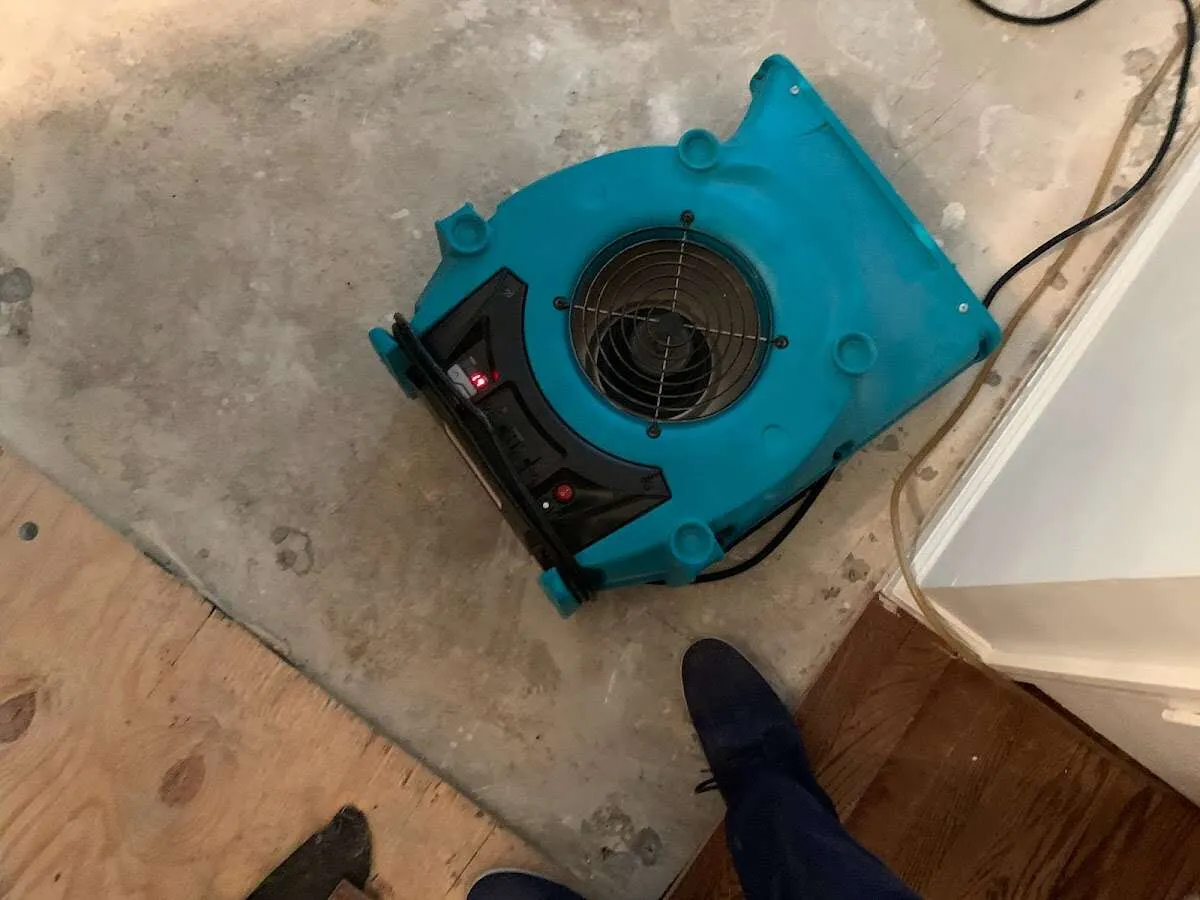 Air mover drying subfloor during Commercial Water Damage Restoration in Fort Belvoir